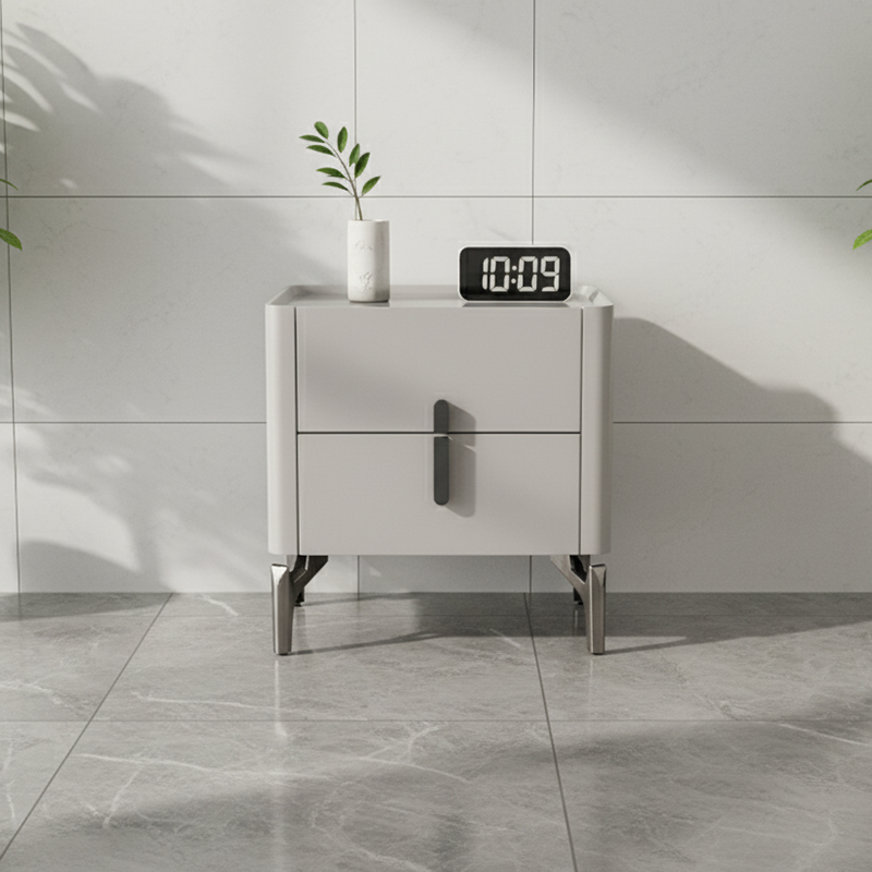 Table de chevet de luxe moderne carrée à 2 tiroirs - plateau en verre noir pour chambre à coucher 