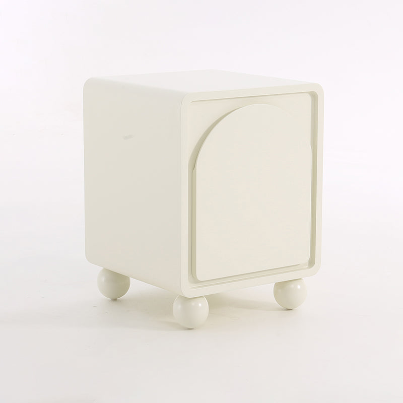 Contemporary Scandinavian Square Cream 1-Cabinet Accent Nightstand - Sculpted Arch Door &amp; Ball Legs Bedside Table For Bedroom
