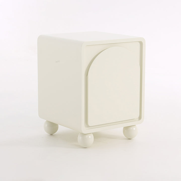 Contemporary Scandinavian Square Cream 1-Cabinet Accent Nightstand - Sculpted Arch Door &amp; Ball Legs Bedside Table For Bedroom