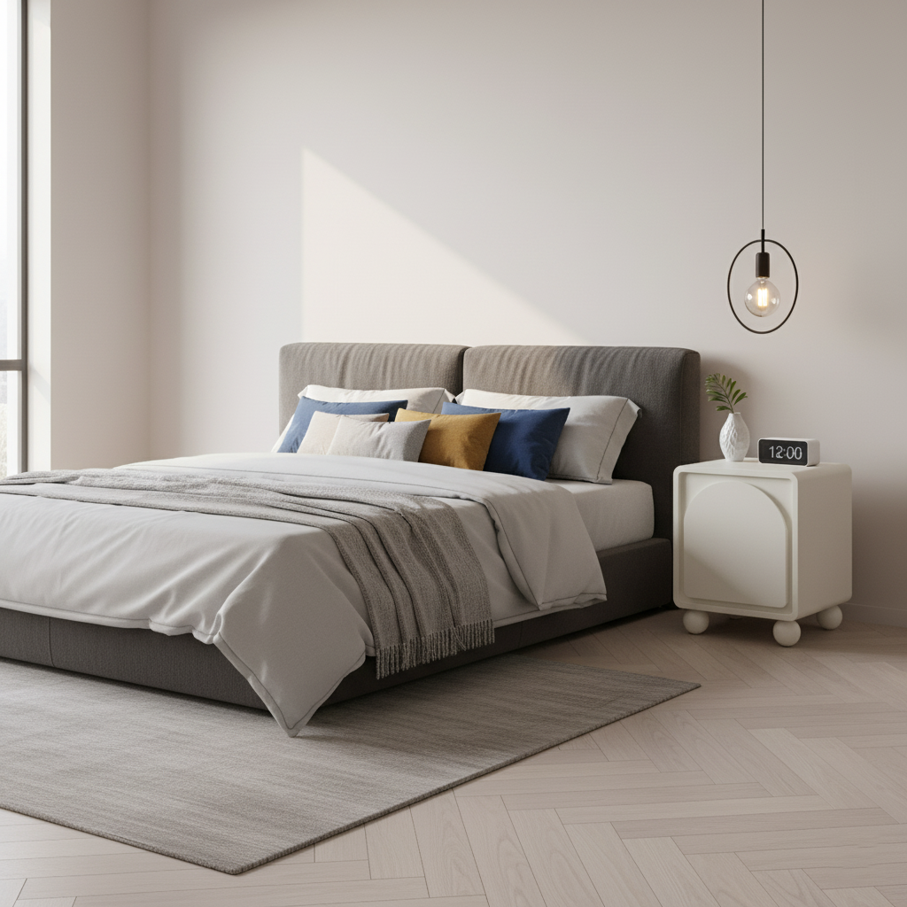Contemporary Scandinavian Square Cream 1-Cabinet Accent Nightstand - Sculpted Arch Door &amp; Ball Legs Bedside Table For Bedroom