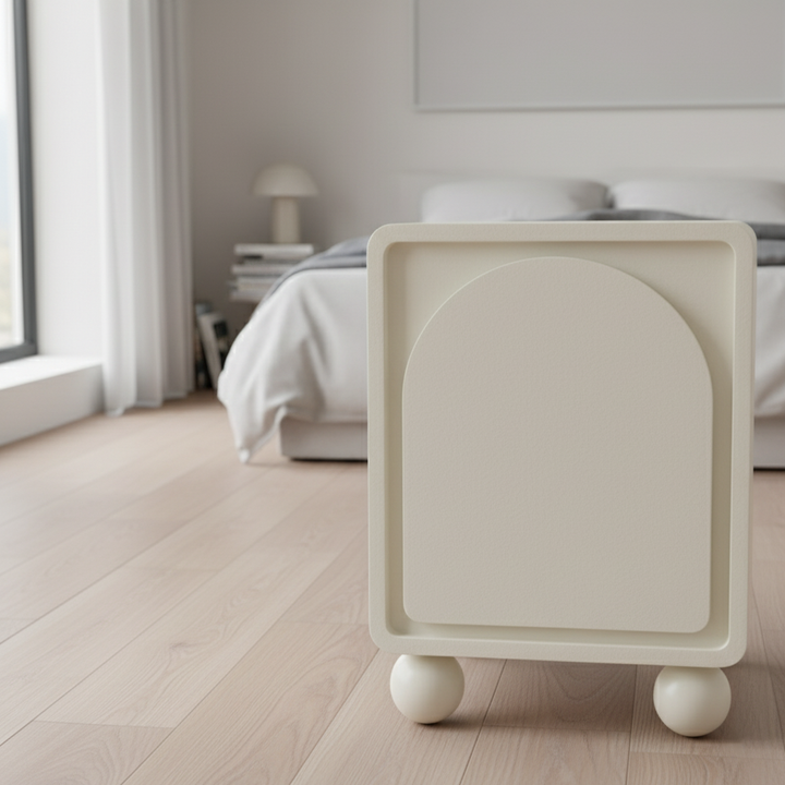 Contemporary Scandinavian Square Cream 1-Cabinet Accent Nightstand - Sculpted Arch Door &amp; Ball Legs Bedside Table For Bedroom