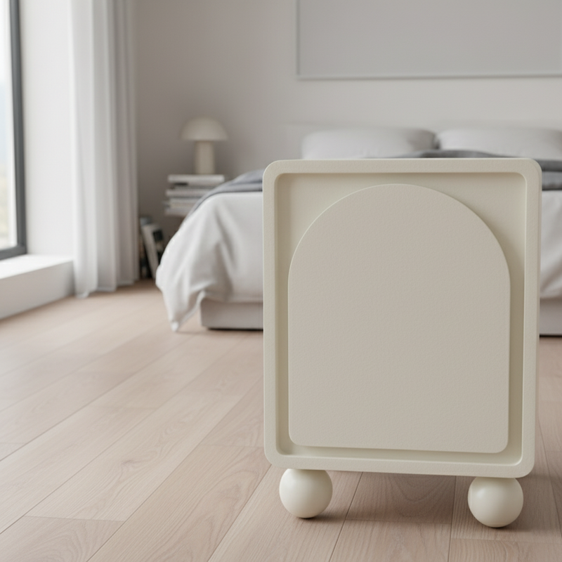 Contemporary Scandinavian Square Cream 1-Cabinet Accent Nightstand - Sculpted Arch Door & Ball Legs Bedside Table For Bedroom