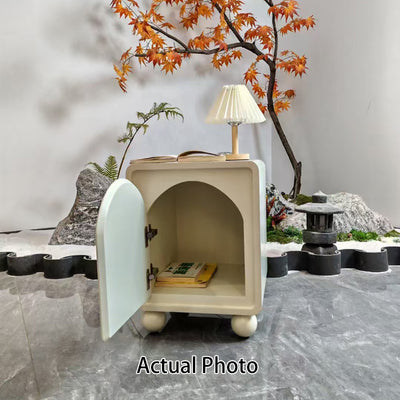 Contemporary Scandinavian Square Cream 1-Cabinet Accent Nightstand - Sculpted Arch Door & Ball Legs Bedside Table For Bedroom