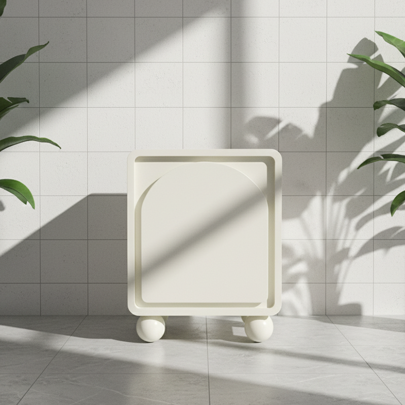 Contemporary Scandinavian Square Cream 1-Cabinet Accent Nightstand - Sculpted Arch Door & Ball Legs Bedside Table For Bedroom