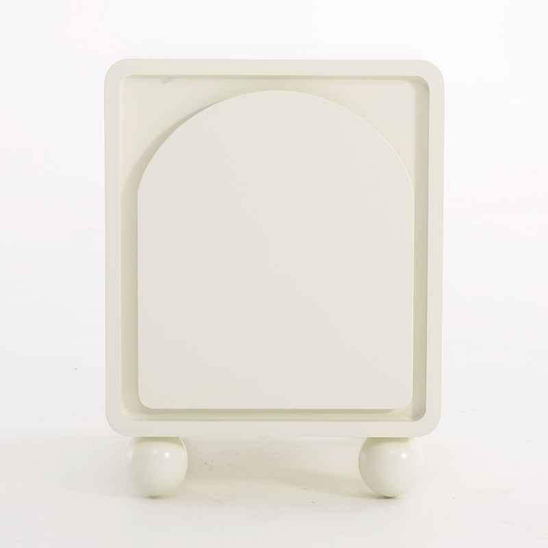 Contemporary Scandinavian Square Cream 1-Cabinet Accent Nightstand - Sculpted Arch Door &amp; Ball Legs Bedside Table For Bedroom