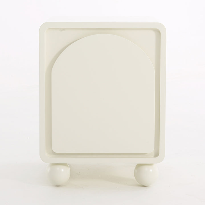 Contemporary Scandinavian Square Cream 1-Cabinet Accent Nightstand - Sculpted Arch Door &amp; Ball Legs Bedside Table For Bedroom