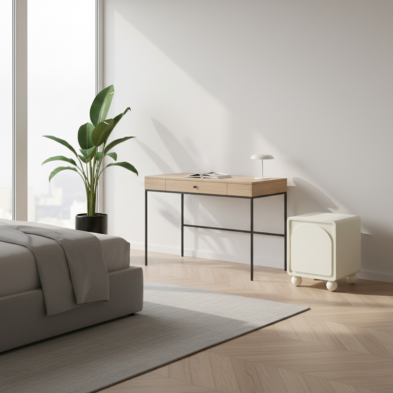 Contemporary Scandinavian Square Cream 1-Cabinet Accent Nightstand - Sculpted Arch Door & Ball Legs Bedside Table For Bedroom