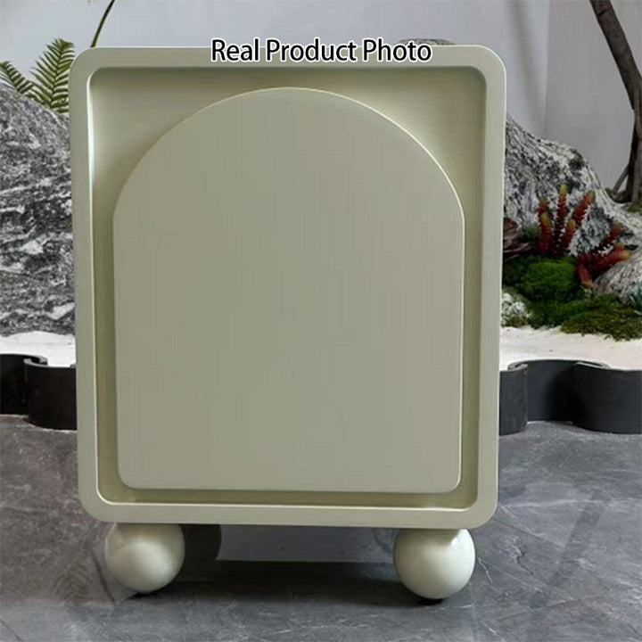 Contemporary Scandinavian Square Cream 1-Cabinet Accent Nightstand - Sculpted Arch Door &amp; Ball Legs Bedside Table For Bedroom