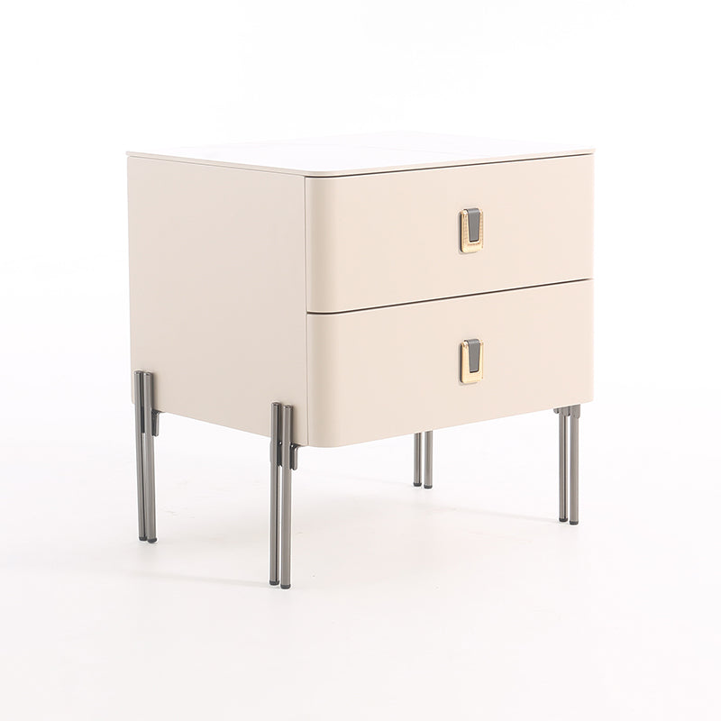 Contemporary Scandinavian Square Cream White 2-Drawer Storage Nightstand - Stone Slab Top Bedside Table For Bedroom