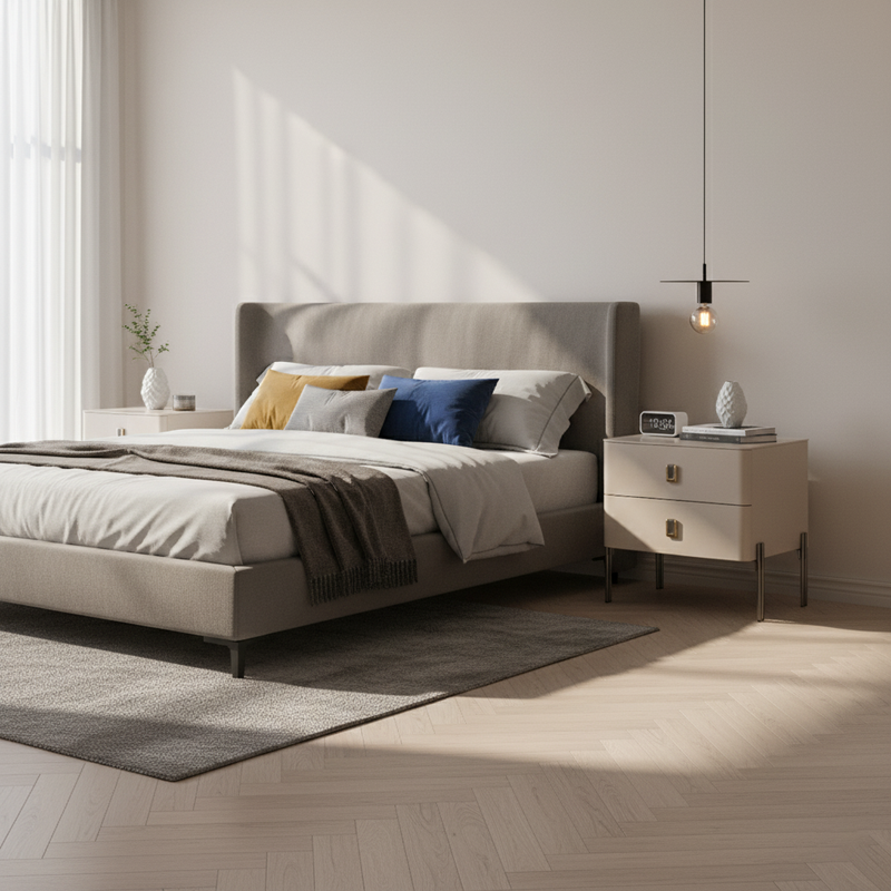 Contemporary Scandinavian Square Cream White 2-Drawer Storage Nightstand - Stone Slab Top Bedside Table For Bedroom