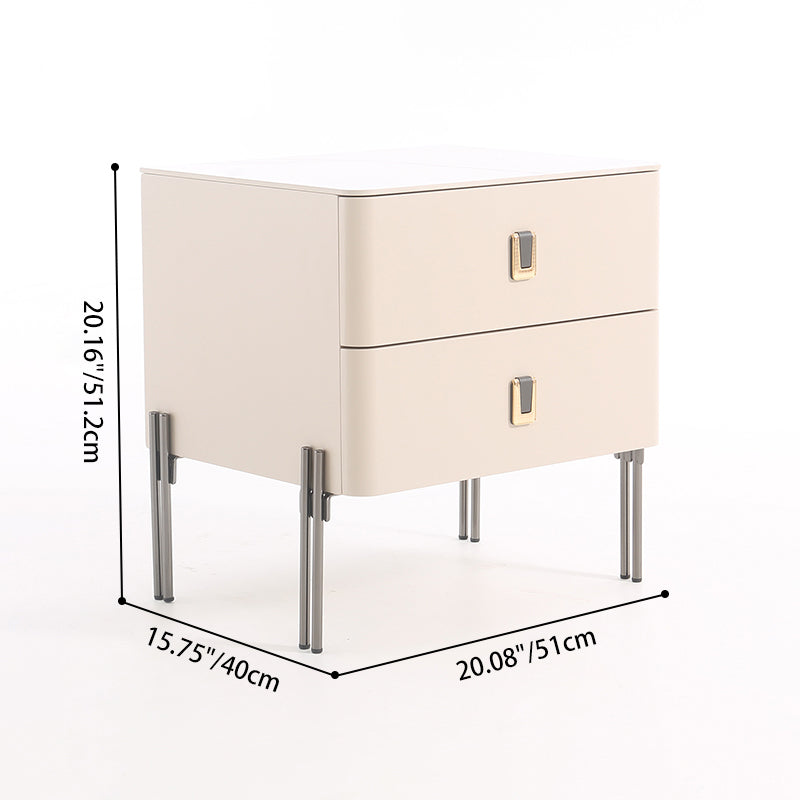 Contemporary Scandinavian Square Cream White 2-Drawer Storage Nightstand - Stone Slab Top Bedside Table For Bedroom