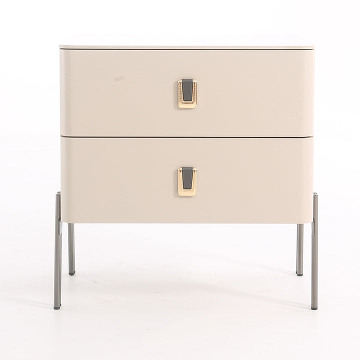 Contemporary Scandinavian Square Cream White 2-Drawer Storage Nightstand - Stone Slab Top Bedside Table For Bedroom