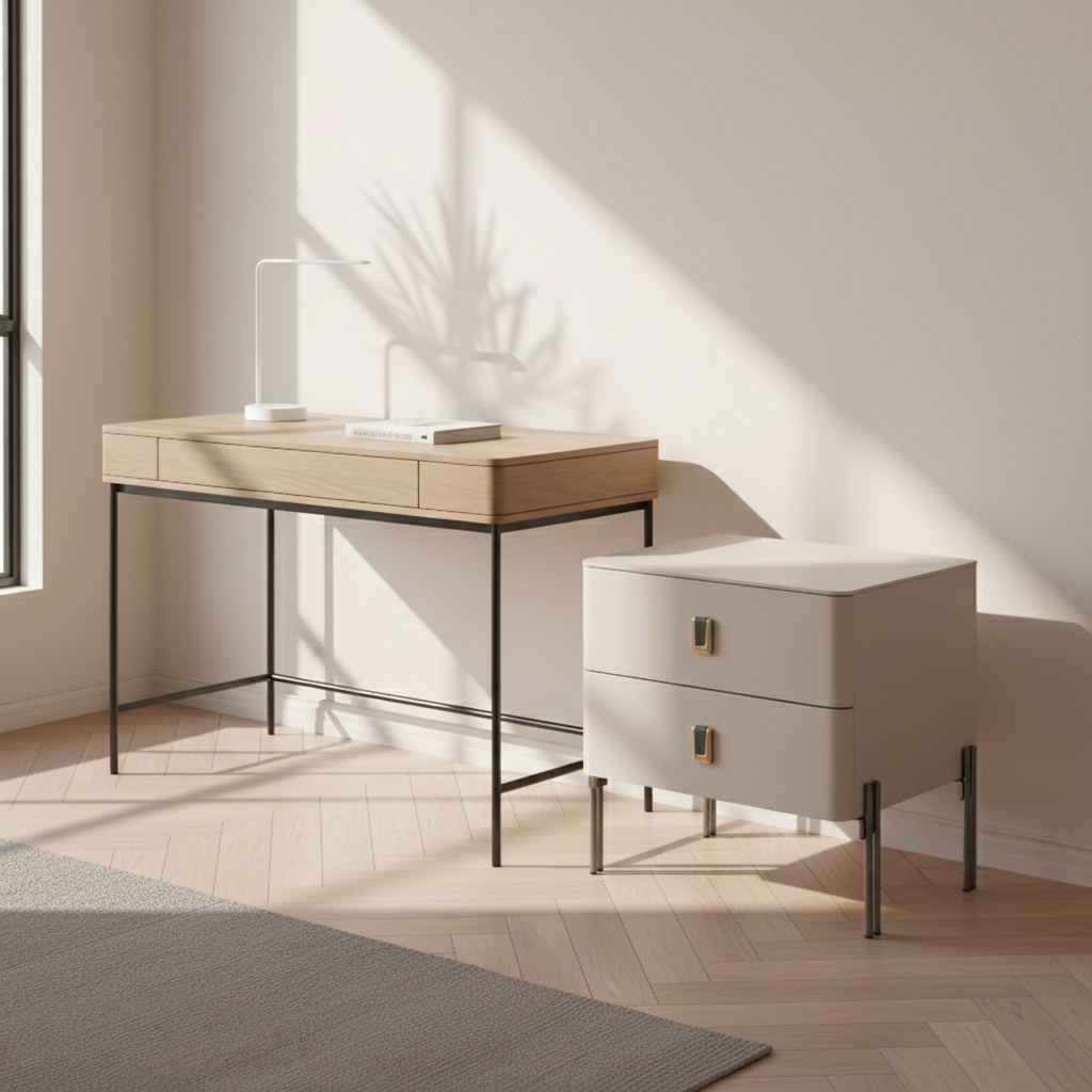 Contemporary Scandinavian Square Cream White 2-Drawer Storage Nightstand - Stone Slab Top Bedside Table For Bedroom