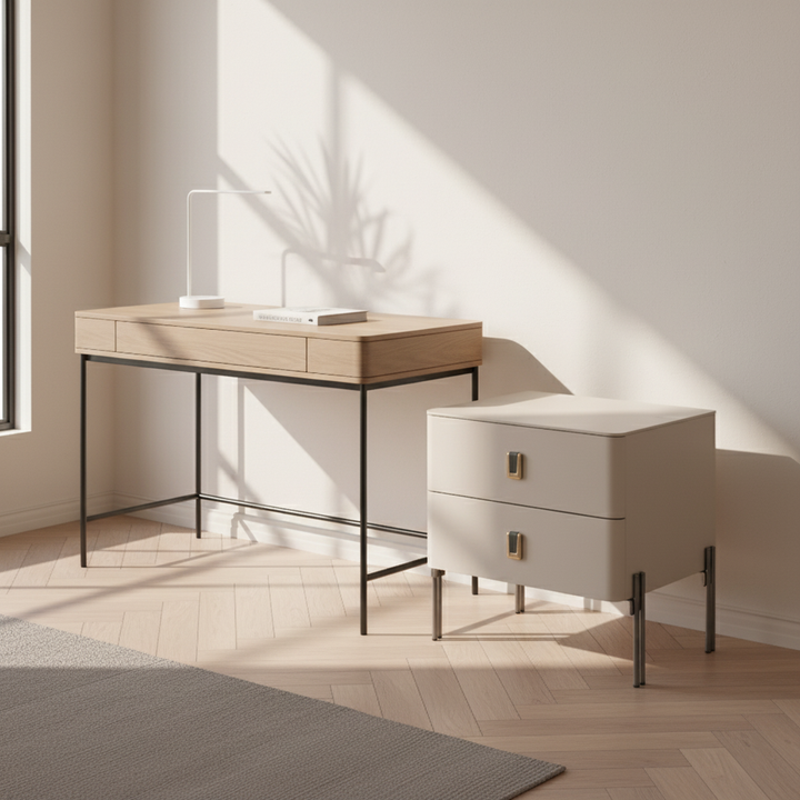 Zeitgenössischer skandinavischer quadratischer cremeweißer 2-Schubladen-Nachttisch - Nachttisch mit Steinplatte für das Schlafzimmer 