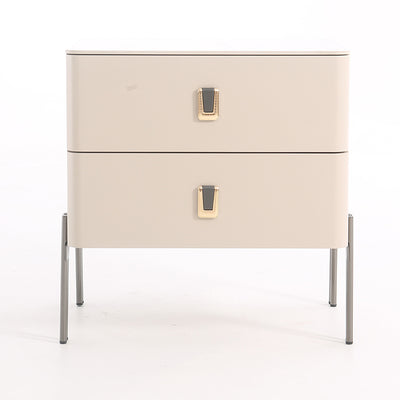 Contemporary Scandinavian Square Cream White 2-Drawer Storage Nightstand - Stone Slab Top Bedside Table For Bedroom