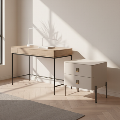 Contemporary Scandinavian Square Cream White 2-Drawer Storage Nightstand - Stone Slab Top Bedside Table For Bedroom