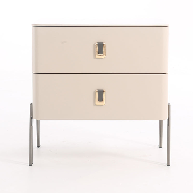 Contemporary Scandinavian Square Cream White 2-Drawer Storage Nightstand - Stone Slab Top Bedside Table For Bedroom