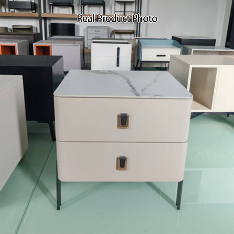 Contemporary Scandinavian Square Cream White 2-Drawer Storage Nightstand - Stone Slab Top Bedside Table For Bedroom