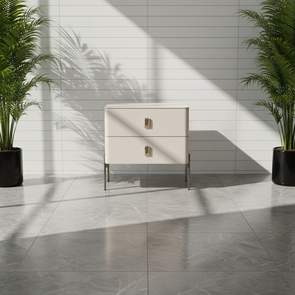 Contemporary Scandinavian Square Cream White 2-Drawer Storage Nightstand - Stone Slab Top Bedside Table For Bedroom