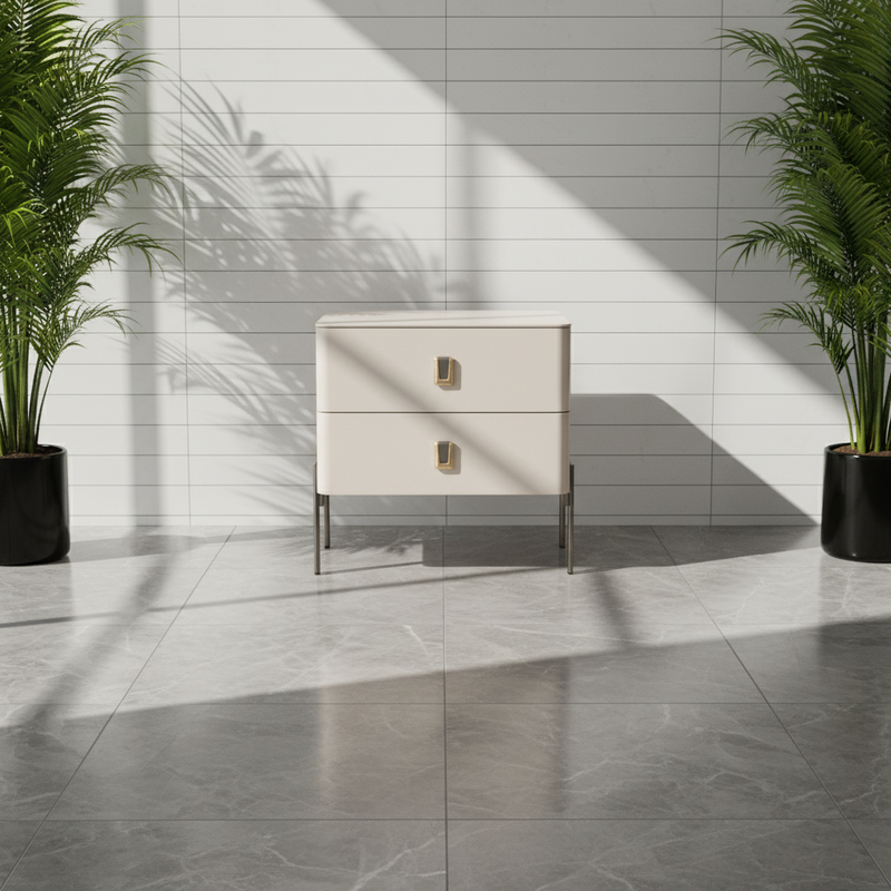 Contemporary Scandinavian Square Cream White 2-Drawer Storage Nightstand - Stone Slab Top Bedside Table For Bedroom