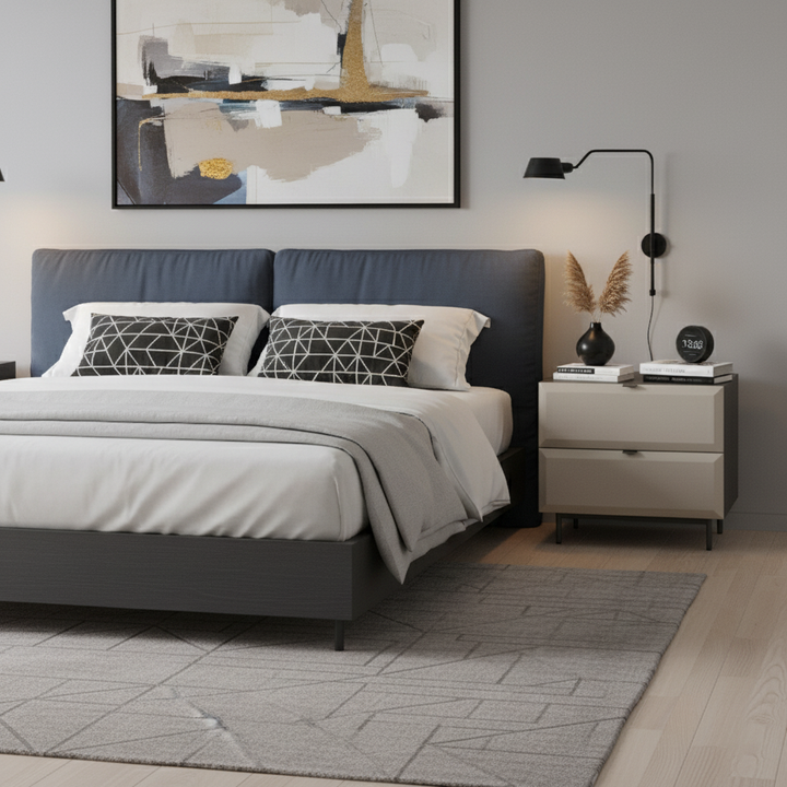 Moderner minimalistischer quadratischer grauer 2-Schubladen-Nachttisch - Furnier-Sperrholzrahmen Nachttisch für das Schlafzimmer 