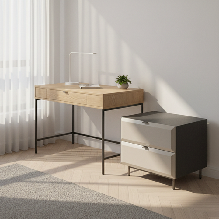Moderner minimalistischer quadratischer grauer 2-Schubladen-Nachttisch - Furnier-Sperrholzrahmen Nachttisch für das Schlafzimmer 