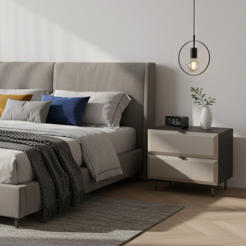 Moderner minimalistischer quadratischer grauer 2-Schubladen-Nachttisch - Furnier-Sperrholzrahmen Nachttisch für das Schlafzimmer 