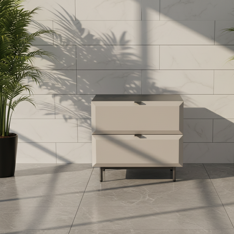 Modern Minimalist Square Gray 2-Drawer Storage Nightstand - Veneered Plywood Frame Bedside Table For Bedroom