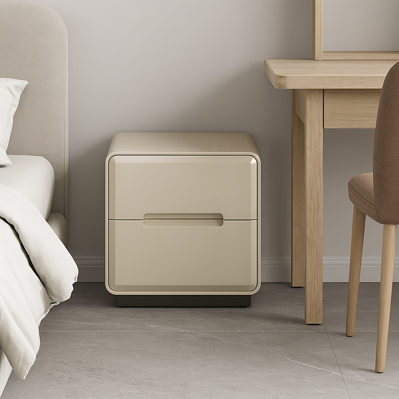Contemporary Scandinavian Square Cream White 2-Drawer Storage Nightstand For Bedroom