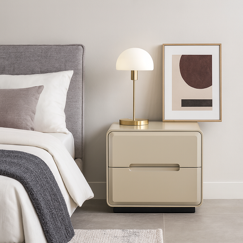 Contemporary Scandinavian Square Cream White 2-Drawer Storage Nightstand For Bedroom