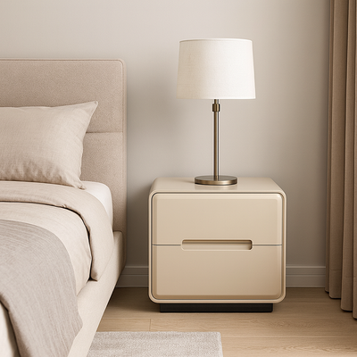 Contemporary Scandinavian Square Cream White 2-Drawer Storage Nightstand For Bedroom