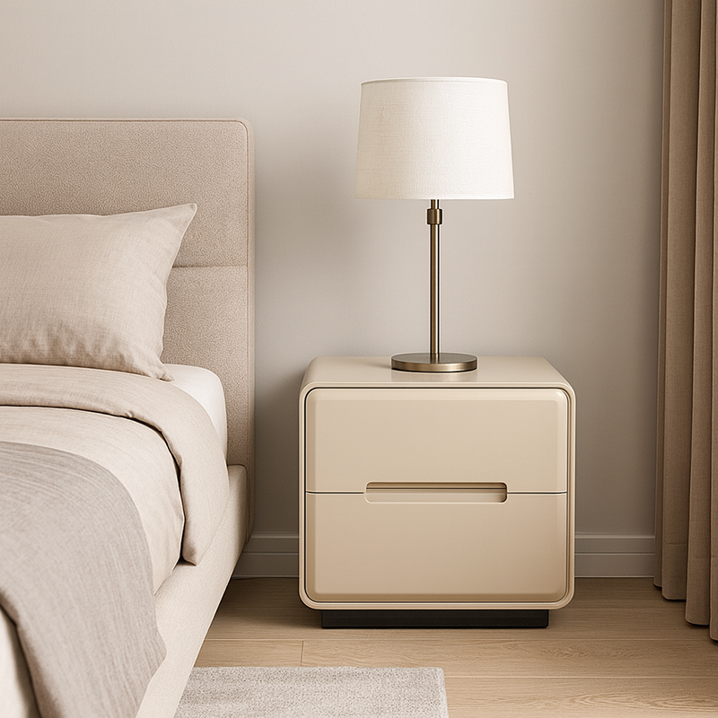Contemporary Scandinavian Square Cream White 2-Drawer Storage Nightstand For Bedroom