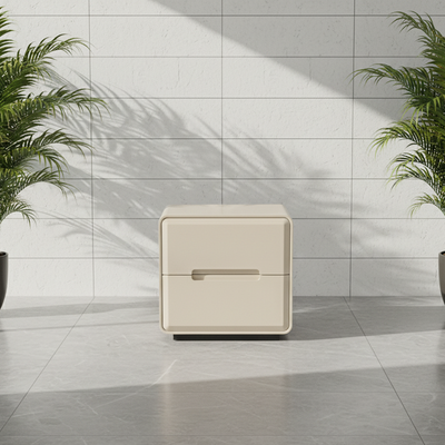 Contemporary Scandinavian Square Cream White 2-Drawer Storage Nightstand For Bedroom