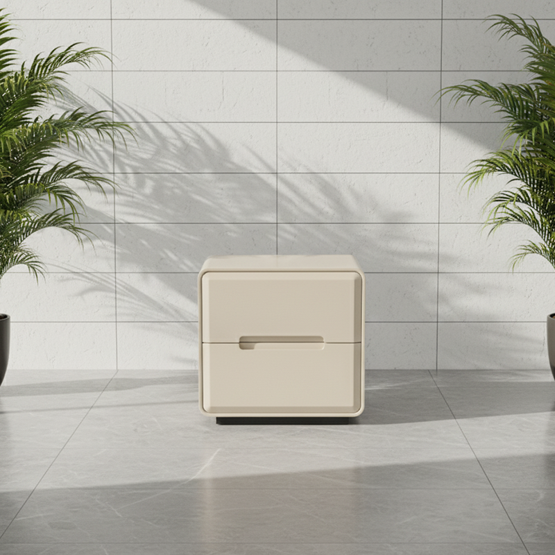 Contemporary Scandinavian Square Cream White 2-Drawer Storage Nightstand For Bedroom