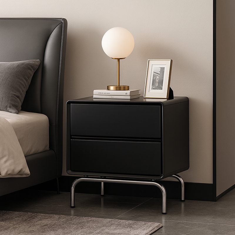 Modern Minimalist Black 2-Drawer Storage Nightstand - Matte Finish Stainless Steel Base Bedside Table For Bedroom
