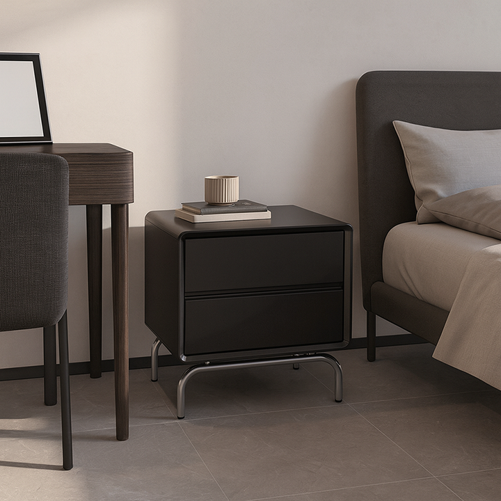 Moderner minimalistischer schwarzer Nachttisch mit 2 Schubladen - Nachttisch mit matter Edelstahlbasis für das Schlafzimmer 