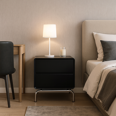 Modern Minimalist Black 2-Drawer Storage Nightstand - Matte Finish Stainless Steel Base Bedside Table For Bedroom