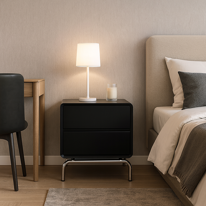 Modern Minimalist Black 2-Drawer Storage Nightstand - Matte Finish Stainless Steel Base Bedside Table For Bedroom