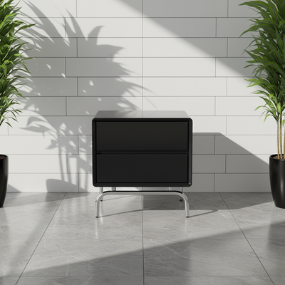 Modern Minimalist Black 2-Drawer Storage Nightstand - Matte Finish Stainless Steel Base Bedside Table For Bedroom