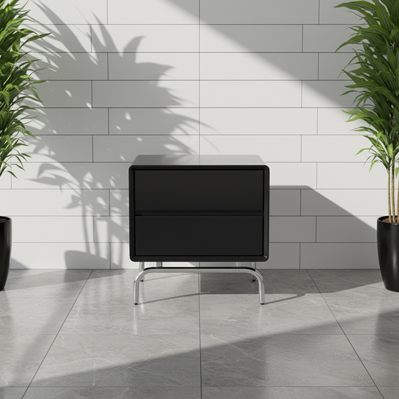 Modern Minimalist Black 2-Drawer Storage Nightstand - Matte Finish Stainless Steel Base Bedside Table For Bedroom