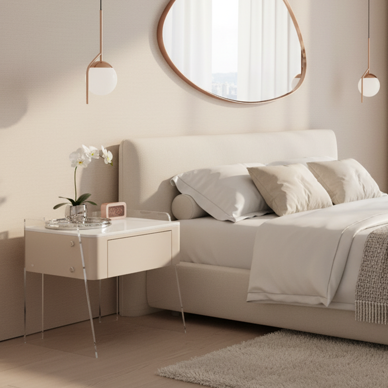 Modern Minimalist Cream White 1-Drawer Storage Nightstand - Acrylic High Legs Bedside Table For Bedroom