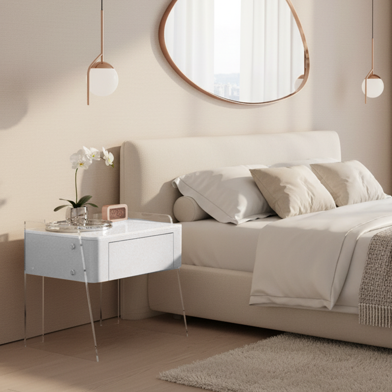 Table de chevet de rangement moderne minimaliste blanc crème à 1 tiroir - table de chevet à pieds hauts en acrylique pour chambre à coucher 