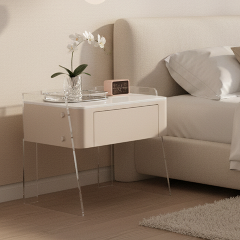 Modern Minimalist Cream White 1-Drawer Storage Nightstand - Acrylic High Legs Bedside Table For Bedroom