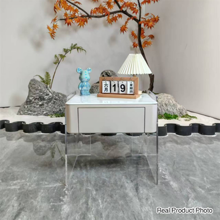 Table de chevet de rangement moderne minimaliste blanc crème à 1 tiroir - table de chevet à pieds hauts en acrylique pour chambre à coucher 