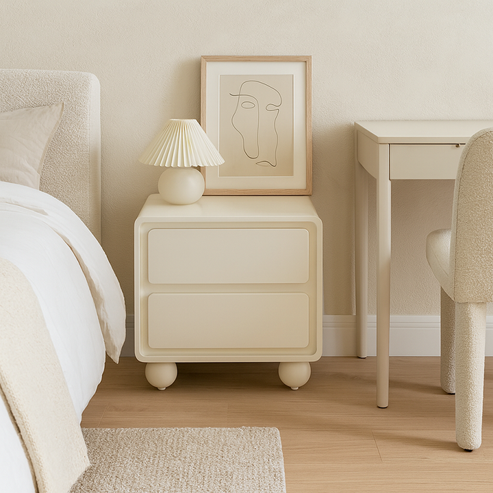 Contemporary Scandinavian Cream White "Cloud" Nightstand - 2-Drawer Storage Bedside Table For Bedroom
