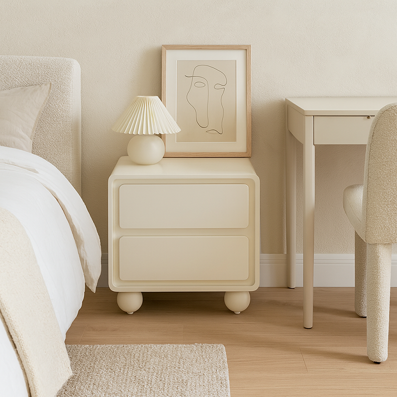 Contemporary Scandinavian Cream White "Cloud" Nightstand - 2-Drawer Storage Bedside Table For Bedroom