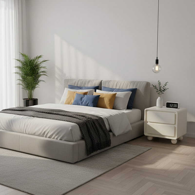 Contemporary Scandinavian Cream White "Cloud" Nightstand - 2-Drawer Storage Bedside Table For Bedroom