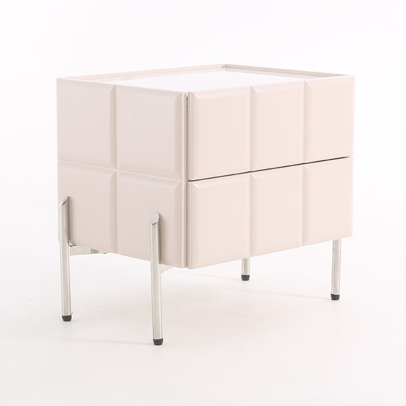 Contemporary Scandinavian Cream 2-Drawer Nightstand - Sintered Stone Top Embossed Cube Bedside Table For Bedroom