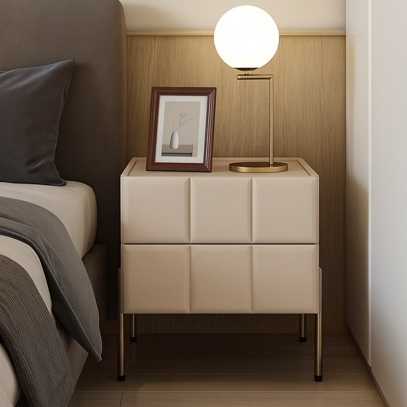 Contemporary Scandinavian Cream 2-Drawer Nightstand - Sintered Stone Top Embossed Cube Bedside Table For Bedroom