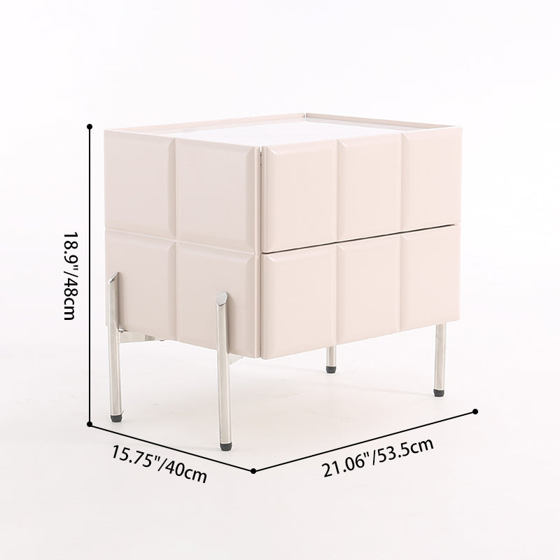 Contemporary Scandinavian Cream 2-Drawer Nightstand - Sintered Stone Top Embossed Cube Bedside Table For Bedroom